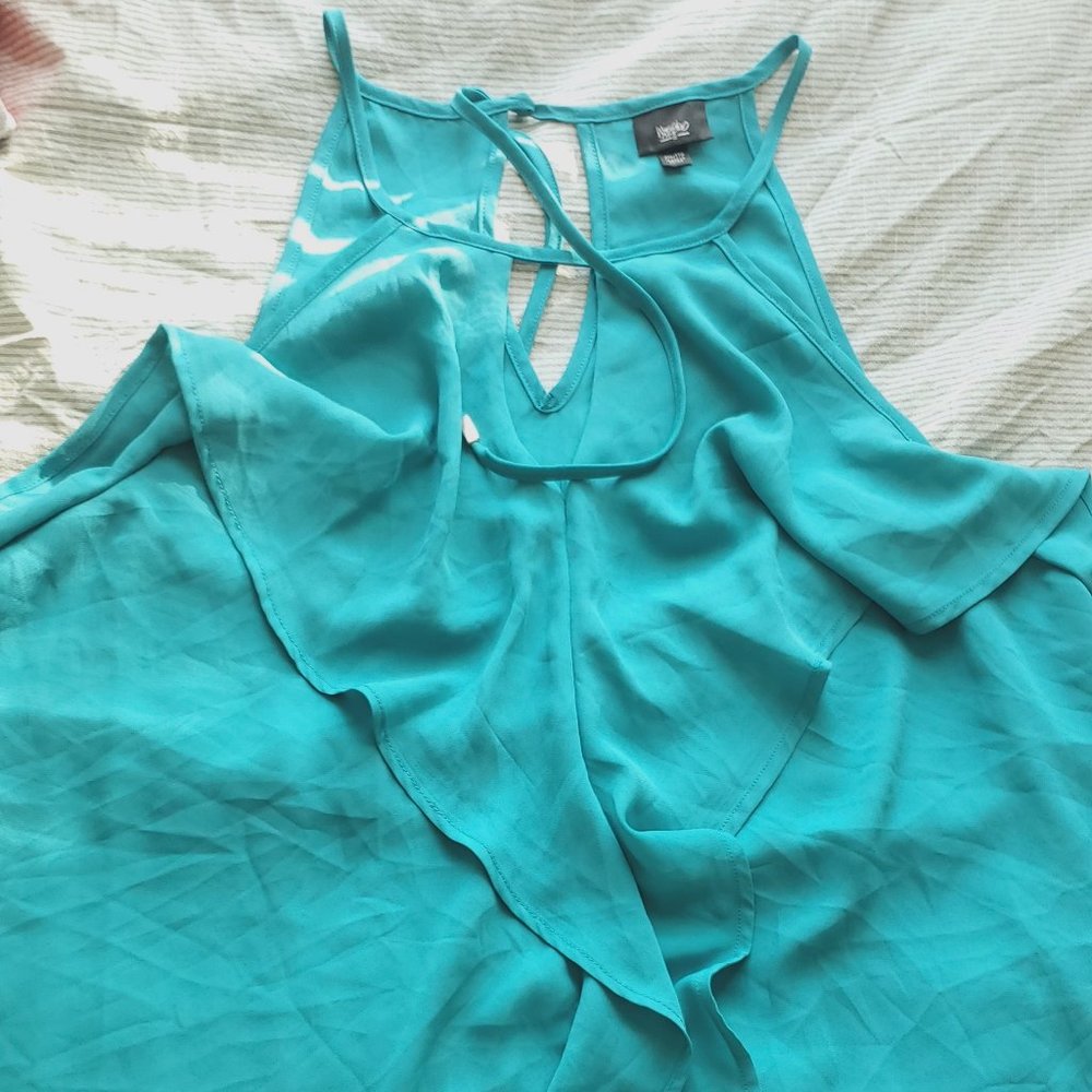 Xhiliration Aqua Tie Neck Ruffle Halter Top